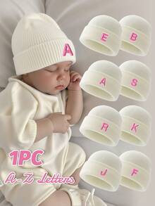 1 peça de gorro de malha branca com estampa de letras rosa bebê, moderno e fofo, macio e confortável, quente, adequado para bebês de 0 a 6 meses, uso diário no outono/inverno