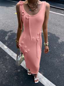 Women's Summer Dress: Sexy Beach Vacation Dress With Spaghetti Straps And 3D Floral Print - Pink - View 3