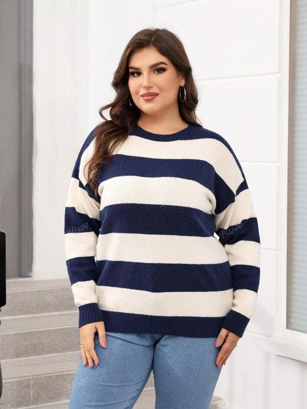 Gestreifter Rundhals-Pullover, lässiger Oversized-Pullover, Drop-Shoulder, Langarm für Herbst/Winter