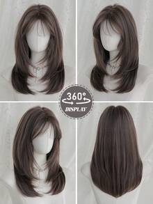 NAMM 18 Zoll lila schulterlange Perücken für Frauen, wunderschöne flauschige gerade Perücken mit Pony, synthetische Vollperücken für den täglichen Gebrauch, Musikfestival, Party, Anime oder Kostümfotografie - Violett - Übersicht 5