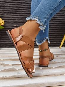 Sandalias planas para mujer, sandalias sueltas y cómodas con banda elástica de moda y ajuste ancho, sandalias ligeras y versátiles para exteriores, sandalias casuales de playa para mujer - Marrón - Ver 5