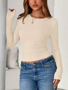 Women Spring And Fall Long Sleeve Shirts Ribbed Crewneck Fitted Basic Tee Going Out Tops Casual Workout Vacation Outfits - 米色 - 查看 3