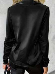 Classic Women's Black Long Sleeve Shirt With Button Details And Collar, Smooth Polyester Fabric - Black - View 4