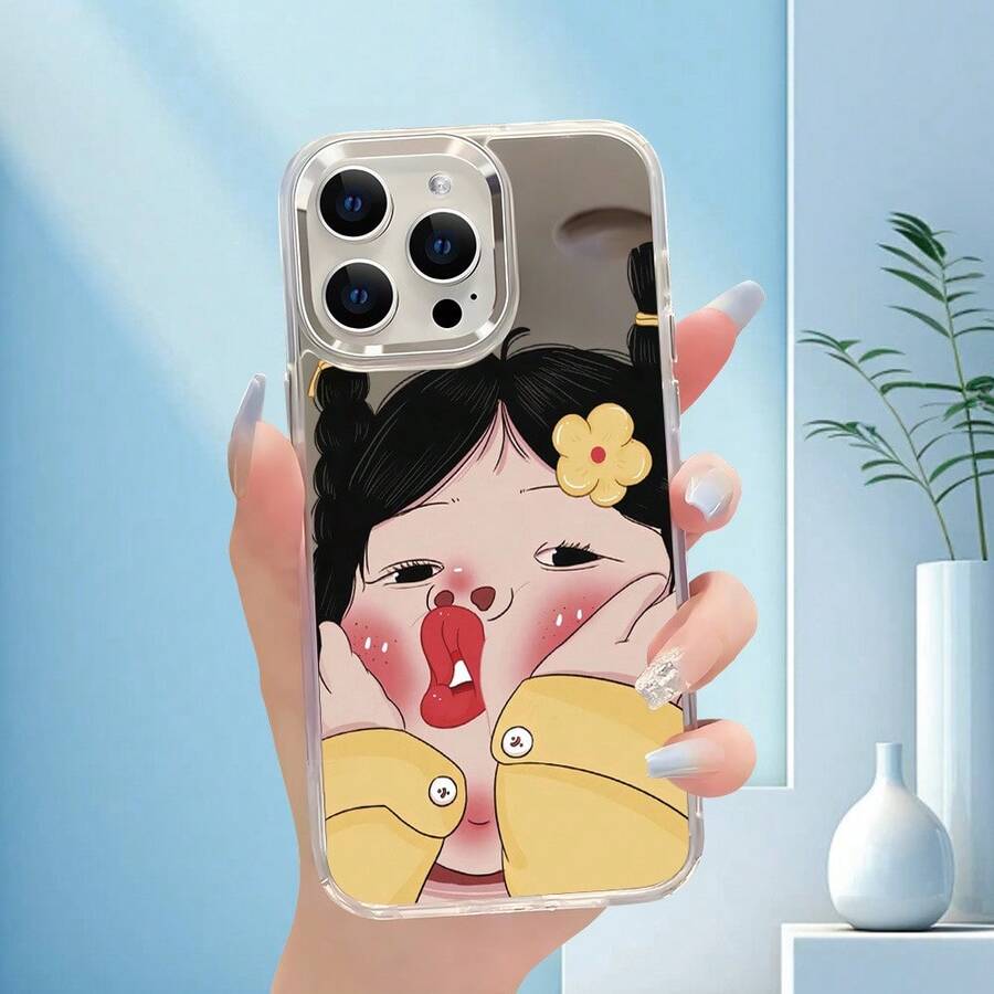 Teléfono con espejo de maquillaje | Diseño de niña de dibujos animados | Estilo premium 2 en 1 con botón recubierto de espejo y cubierta trasera a prueba de golpes 11/ 12/ 13/ 14/ 15/ 16/ Pro/ Series | Regalo único Día de San Valentín, Teléfono de Pascua - Blanco - Ver 1