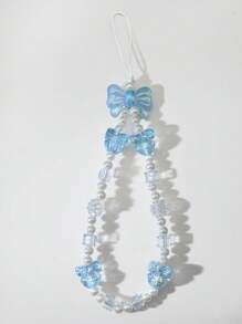 1pc Fashion Minimalist Blue & White Bowknot Faux Pearl Beaded Phone Strap, Suitable As Gift For Any Occasion