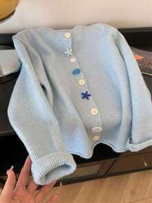 Infant Blue Women's Sweater, Cute Youthful Shell Button Faux Wool Fabric Cardigan, Autumn Top - Blue - View 3