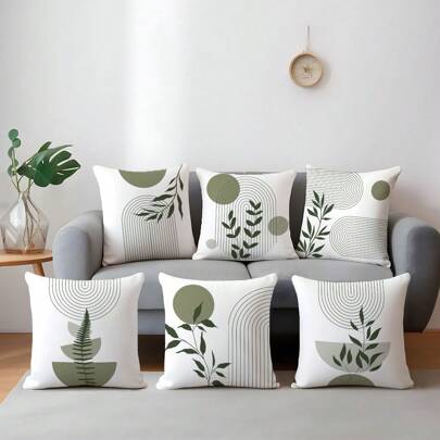 6 fundas de cojín con patrón geométrico de líneas verdes y hojas abstractas minimalistas, impresas por un solo lado en terciopelo, de 45*45/50*50/40*40CM, adecuadas para la decoración minimalista moderna de salas de estar, regalos y decoración de fiestas