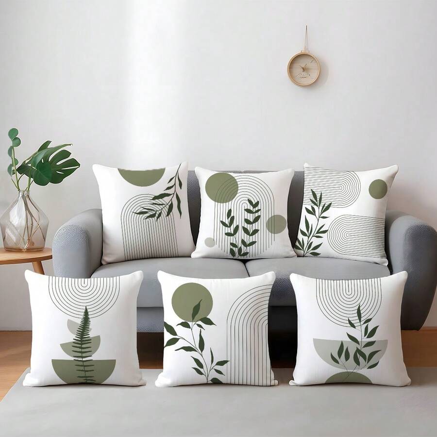 6 件简约日常抽象绿线叶几何图案枕套，单面印花天鹅绒，45*45/50*50/40*40 厘米靠垫套适用于现代简约沙发客厅装饰、礼品、派对装饰 - 綠色-6pc - 查看 1