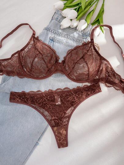 1 Set Women Plus Size Solid Color Lace Underwire Comfortable Bra Set, Lift