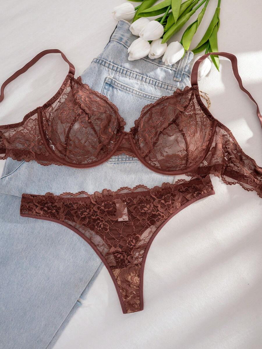 1 Set Women Plus Size Solid Color Lace Underwire Comfortable Bra Set, Lift