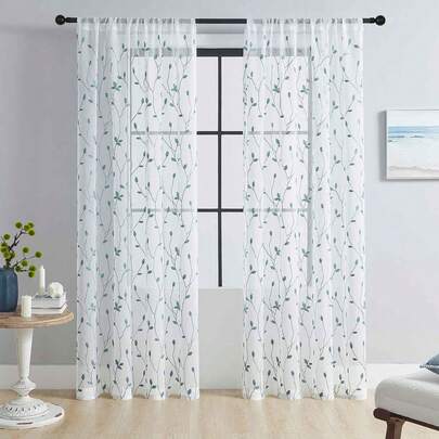 1 pieza Cortinas transparentes bordadas, con patrón de hojas florales, con ojales para barra, protección UV, transpirable, de poliéster, con ojales para barra, sin forro, para sala de estar, dormitorio, comedor