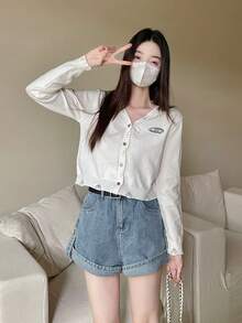 Distressed V-Neck Long Sleeve Cropped Cardigan For Women, Slim-Fit, Flattering, High-End Look - White - View 4