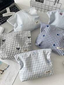 1pc Plaid Blue Embroidered Floral Bow Makeup Bag, Waterproof, Can Hold Lipstick, Women's Cosmetic Bag, Small Compact Makeup Case, Ladies Travel Pouch, Pencil Case, Large Capacity Makeup Brush Holder, Travel Toiletry Organizer, Pencil Pouch - Multicolor - View 2