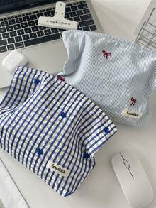 1pc Plaid Blue Embroidered Floral Bow Makeup Bag, Waterproof, Can Hold Lipstick, Women's Cosmetic Bag, Small Compact Makeup Case, Ladies Travel Pouch, Pencil Case, Large Capacity Makeup Brush Holder, Travel Toiletry Organizer, Pencil Pouch - Multicolor - View 4