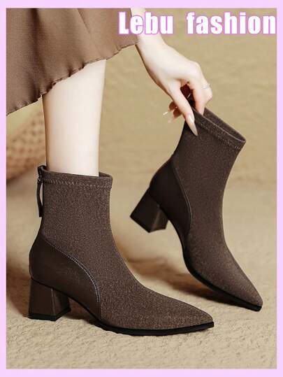 Women's Fashion Boots, High Heel Ankle Boots, Boots, New Autumn/Winter Patchwork Decor Back Zipper High Heel Pointed Toe Minimalist Elegant Outdoor Office Party Date Wear Nude Boots