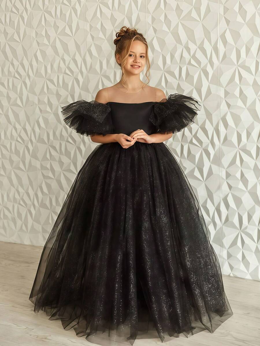 Tween Girl Black Wednesday Series Halloween Costume Party Dress, Puff Sleeve Flower Girl Formal Dress, Elegant Princess Dress For Girls, Suitable For Children Birthday Party, Wedding, Prom, Holiday Occasions - 黑色 - 查看 1
