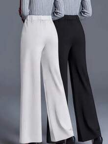 2 piezas Pantalones de mujer de unicolor con bolsillos elegantes y elásticos de cintura alta, aptos para el trabajo y la oficina, para uso diario, todo el año