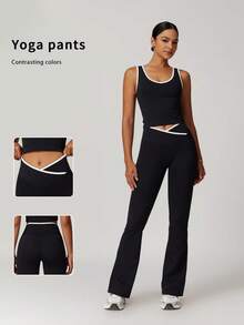 6pecil Set da yoga senza cuciture da donna, comprendente un top a canotta e leggings a vita alta con vita incrociata. Con design a blocchi di colore, è perfetto per sport all'aperto, fitness e yoga, ed è appositamente progettato per sollevare il fondoschiena e controllare l'addome.