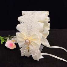 1pc Lolita Style Girl Faux Pearl Bow Lace Headband + Cute Countryside Themed Headpiece Ribbon Maid Headdress, Suits 2D Lolita Halloween