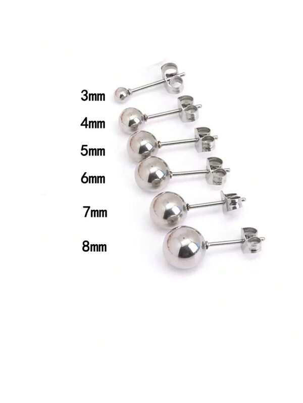 3mm/4mm/5mm/6mm/7mm/8mm Stainless Steel Ball Stud Earrings With Butterfly Clasp, Suitable For Daily Wear