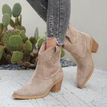 1 Pair Women's Solid Color Western Style Chunky Heel Boots, 2025 Autumn/Winter New Fashion Versatile Women's Slip-On Ankle Boots