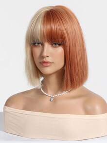 Ombre Brown Blond Wig With Bangs Short Bob Wig Green Wigs For Women Synthetic Hair Colorful Wig For Costume Cosplay 12 Inch Suitable For Role-Playing - Two-Tone - View 4