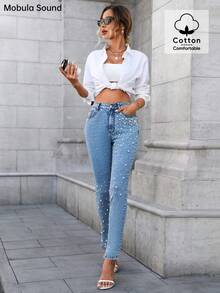 Pantalones vaqueros elásticos y ajustados para mujer con decoración de strass y perlas falsas, elegantes y románticos, adecuados para festivales de música, primavera/verano casual - Azul - Ver 6