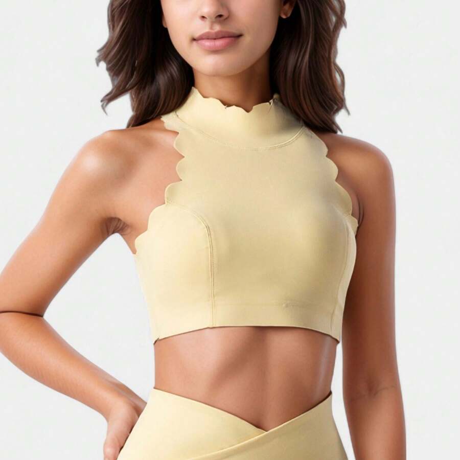 Women's High Neck Scallop Edge Sports Bra With Sleeveless Cut And Stylish Back Detailing For Light Activity - Small, Yellow - Màu vàng - Xem 1