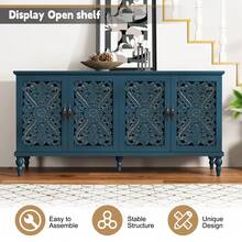 63'' Mid Century Vintage Sideboards Buffets Cabinet With 4 Doors Storage For Kitchen Dining Room, Blue - Blue - View 5
