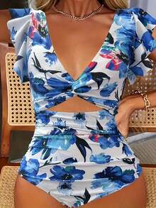 HKGFF-Women's One-Piece Hollow Out Backless Pleated Edge Backless Flower Print Swimming And Hot Spring Swimsuit