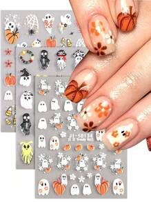 3/2pcs 5D Halloween Nail Stickers, Cute And Funny Ghost Pumpkin Pattern Self-Adhesive Nail Stickers, Halloween Theme Element Nail Art DIY, Nail Salon Nail Design Supplies