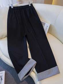 Calça feminina de perna larga, nova, outono/inverno, listrada, patchwork, cor contrastante, zíper, botão, bolsos, adequada para uso casual, escritório e deslocamento - Azul escuro - Ver 3