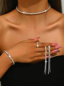 4 件套新娘配饰套装，时尚方晶锆石泪珠项链和耳环，婚礼珠宝