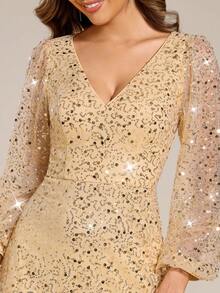 EVERPRETTY فستان سهرة أنيق بأكمام فانوس وياقة على شكل حرف V عميق، باللون الأخضر، مزين بترتر ذهبي للمناسبات الرسمية والزفاف - الذهبي - مشاهدة 6