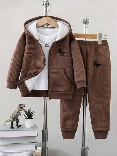 2 Stücke Jungen Dinosaurier Muster Jacquard Kapuzen Langarm Fleece Sweatshirt + Hose, Koordiniertes Lässig Komfort Set für Herbst und Winter als Geschenk