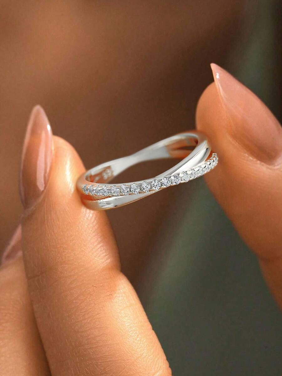 Stylever 1pc 925 Sterling Silver Simple X-Shaped Cross Ring Ladies Jewelry For Women Glamorous Promise Ring Fine Jewelry Ring Gift For Girls Daily Life Dating Decor - Silver - View 1