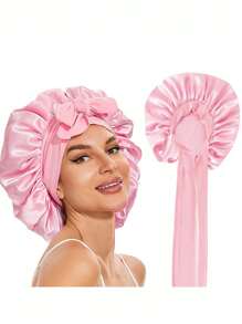 1pc Bow Floppy Band Sleeping Hat Beauty Cleaning Hair Care Hat Moon Hood Hat Wide Brim Elastic Hat Women's Solid Color Brim With Elastic Band, Fashionable And Comfortable Sleeping Cap, Breathable And Soft, Suitable For Long And Curly Hair, Non-Slip, Suitable For Sleeping, Home And Daily Use, Hair Care Cap Back To School