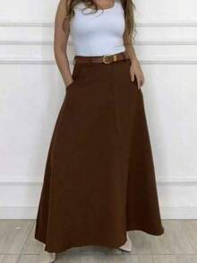 Women's Long Round Skirt Tailoring Evangelical Fashion Casual Basic Winter High Waist Elegant - 咖啡棕 - 查看 1