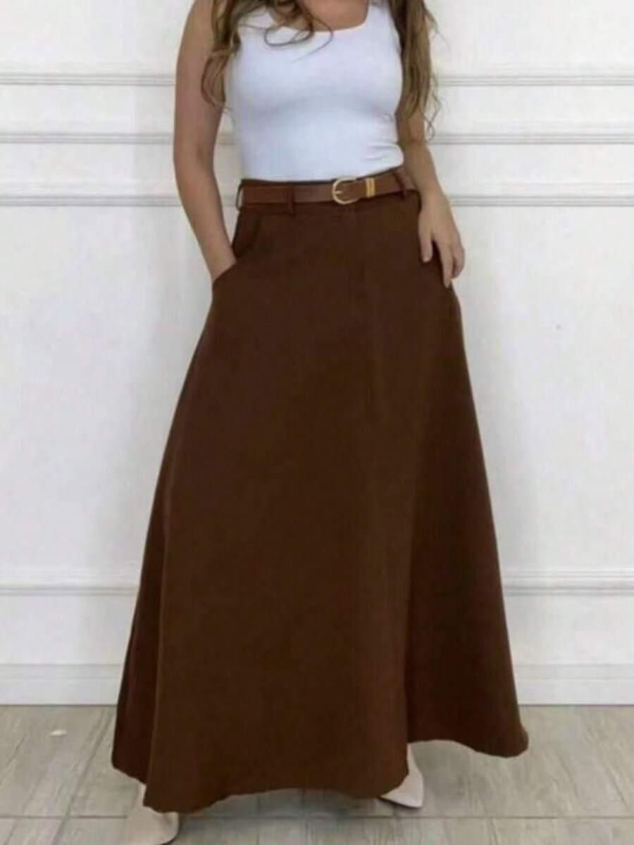 Women's Long Round Skirt Tailoring Evangelical Fashion Casual Basic Winter High Waist Elegant - 咖啡棕 - 查看 1