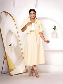 Conjunto Feminino Linho 2 Peças Saia E Blusa Premium  Simples    elegante  Casual    Botões na frente  Bolso    Escritório - Amarelo - Visão 4