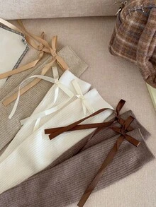 1双女士秋冬过膝袜，加厚保暖，蝴蝶结装饰，红色，舒适 - 彩色 - 查看 3