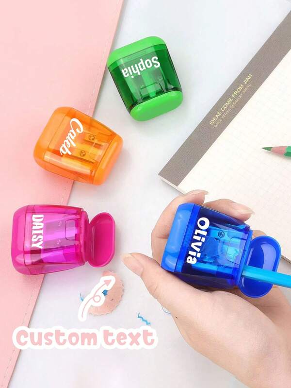 4/1pc Customized Mini Double-Hole Pencil Sharpeners With Custom Text, Plastic With Lid, Cute Pencil Sharpeners, Ideal School Gifts For Festivals, School, Graduation, Parties, Sons, Daughters, Fathers, Mothers, Good Friends, Boyfriends, Girlfriends, Classmates, Family Members. Suitable For School, Indoor, Outdoor, Office Use.,For School Supplies,Back To School