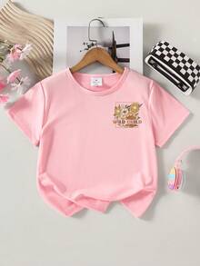 Young Girl Cute Casual Floral & Slogan Print Short Sleeve T-Shirt - Pink - View 3