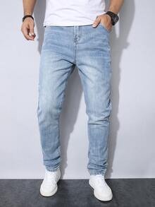 青少年男孩中号水洗蓝色猫须做旧修身直筒牛仔裤 - 淺色水洗藍 - 查看 3