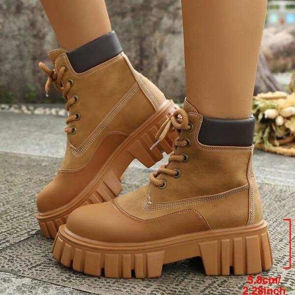 Botas de tobillo planas de invierno de punta redonda, botas de cuero PU