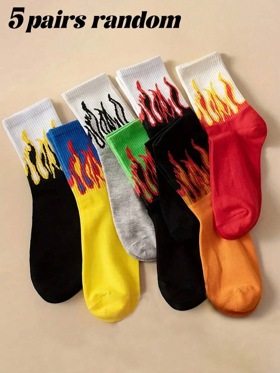 5 Pairs Unisex Colorblock Flame Pattern Mid-Calf Socks, Creative & Fashionable Sports Socks, Versatile For Daily Wear, All Seasons, Fall Socks