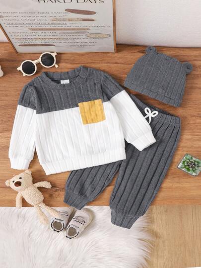 时尚休闲条纹拼色圆领口袋装饰长袖上衣和纯色裤子套装带帽子，舒适