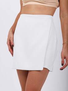 Sily Moda Short-Saia Alfaiataria Sofisticado Feminino Coriano Transpassado Simples Casual/ elegante /Cruzado/ Zíper - Branco - Visão 1