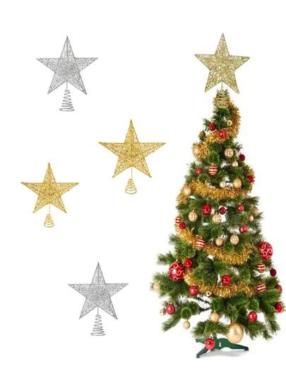1/2 peças Enfeite de Ponteira de Árvore de Natal, Estrela Vazada Brilhante Dourada/Prateada, Decoração de Árvore de Natal, Decoração de Casa, Decorações de Natal, Decoração de Quarto, Decorações de Natal de Inverno, Presentes de Natal para Casa, Decoração de Natal