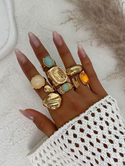 7pcs/Set Vintage Punk Exaggerated Fashion Metal Luxury Multi-Color Gemstone Inlaid Rings, Minimalist Thick Gold Rings, Suitable For Women's Daily And Various Party Occasions, Holiday Gifts, Fashion Jewelry Accessories